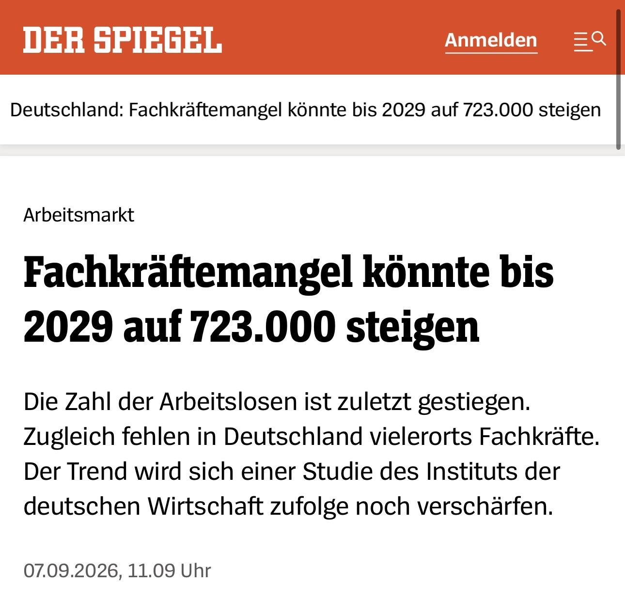Auszug d’un article de DER SPIEGEL sur la possible pénurie de professionnels qualifiés d’ici 2029