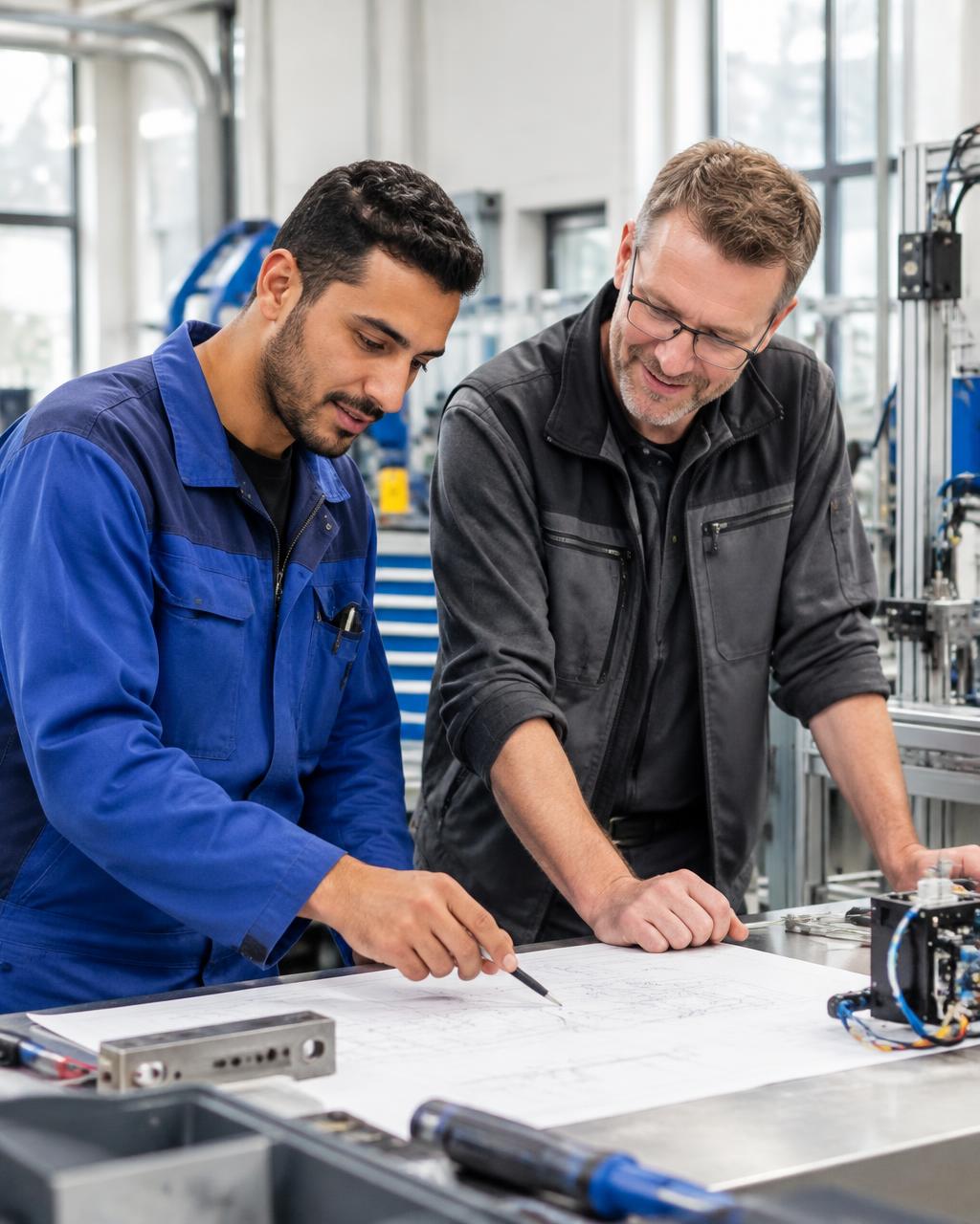 Handwerksfachkraft aus Tunesien im Team mit einem deutschen Meister im Betrieb
